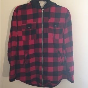 Black and red jacket with black hoodie